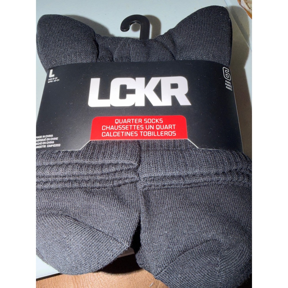LCKR Mens Quarter Socks 6 Pair Pack‎ Black Half Cushion Arch Support Size L 8-12